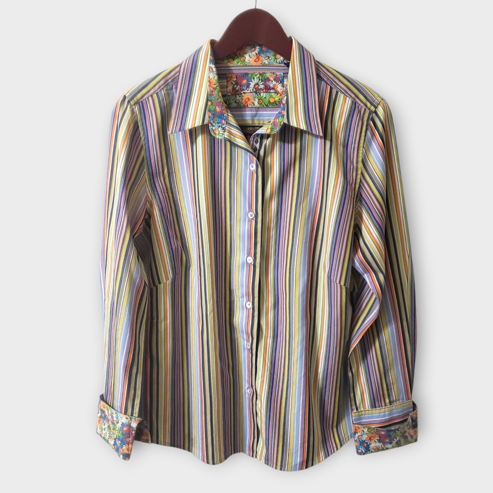 Robert Graham Womens Multicolor Striped Contrast Floral Trim Shirt Size 12